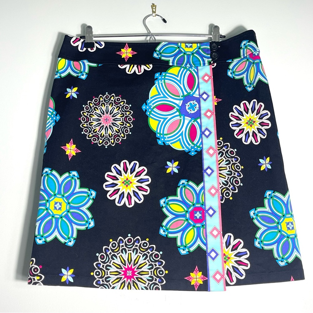 CARLISLE Women's Cotton Wrap Floral Print Black Skirt Silk Trim Stretch Size 16